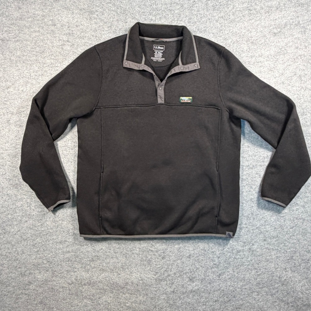 LL Bean Mens Sweater Fleece Pullover XL Tall Black Snap Neck 502793
